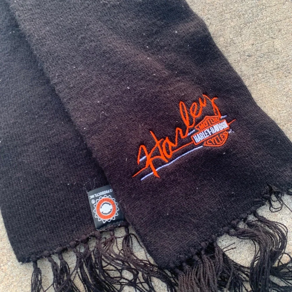 VTG Harley-Davidson Black Knit Scarf Orange Embroidered Logo Fringe RKS Products